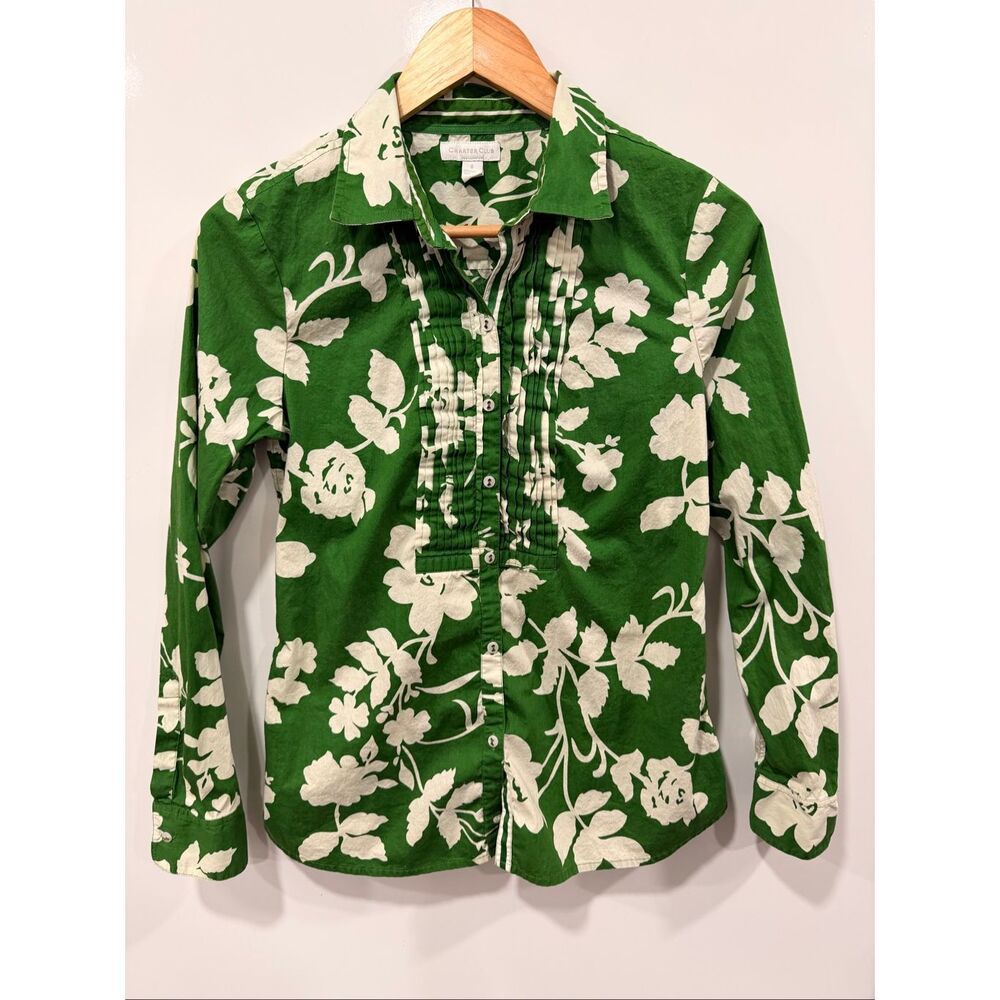 Charter Club Green Floral Button Down Blouse‎ 6